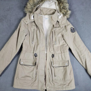 Pimkie Damen Winterjacke Beige Gr. 38 – Warm gefüttert, Kapuze mit Kunstfell, Parka-Stil | 398