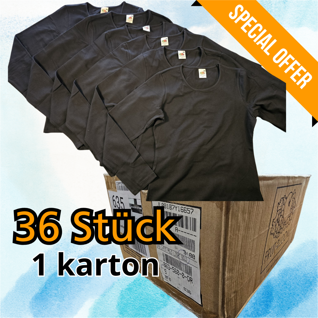 36 Stück Fruit of the Loom Lady-Fit Langarmshirt Schwarz – Größe M