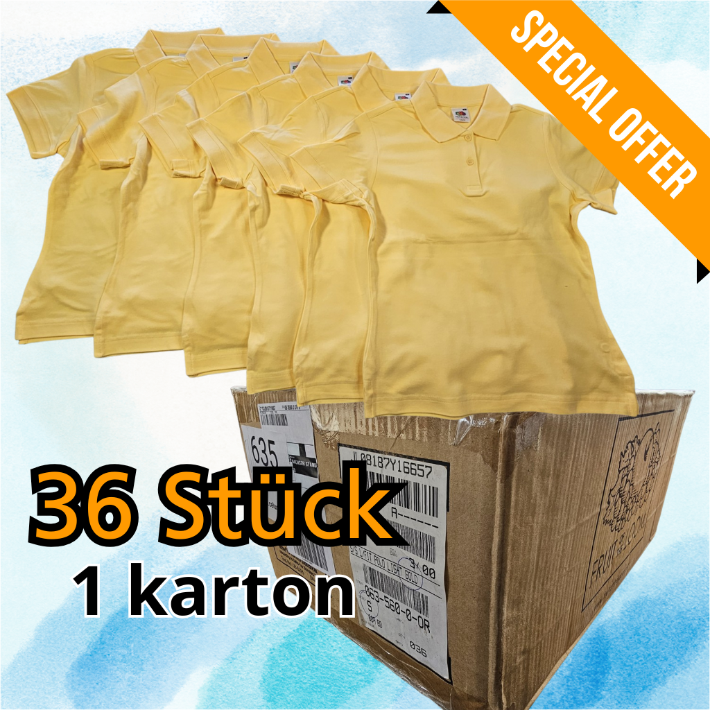 36 Stück Fruit of the Loom Lady-Fit Poloshirt Light Gold Joblot Größe XS