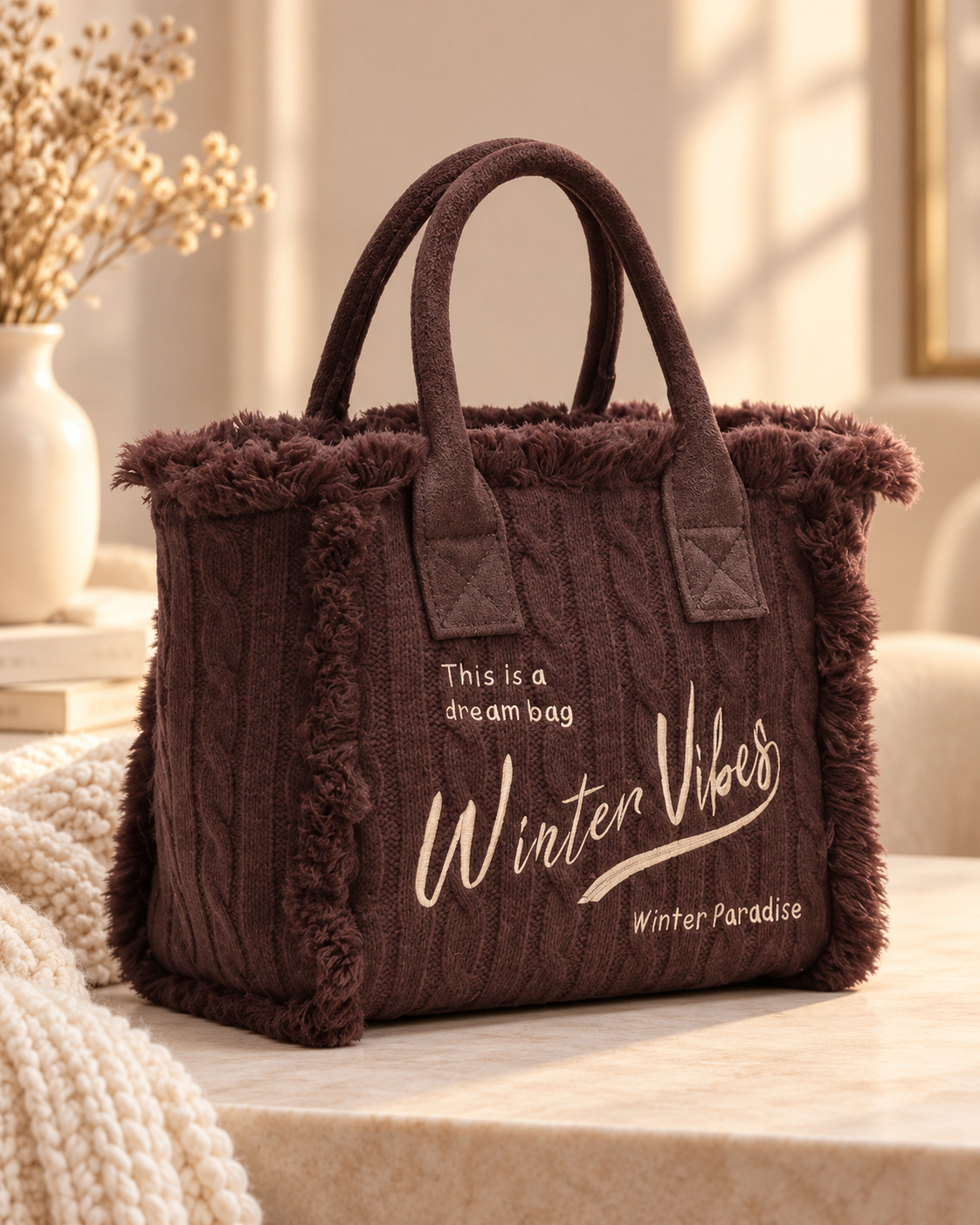 Damen-Shopper D5963 in Kaffeebraun mit Winter-Vibes-Schriftzug