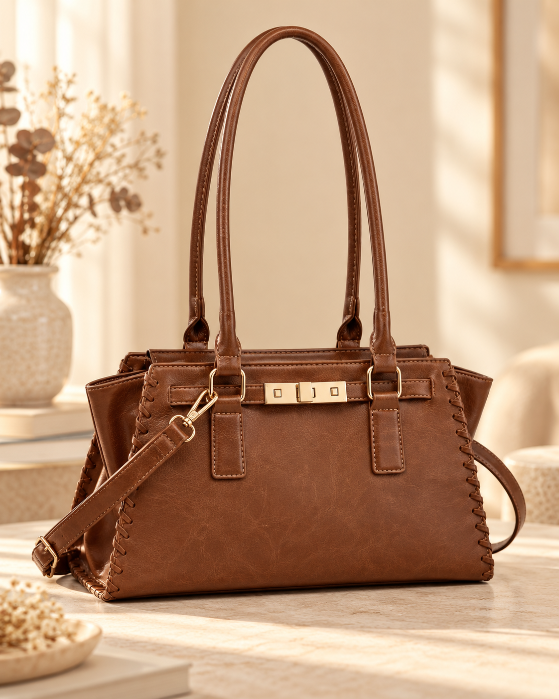 Braune Damen-Handtasche H5708 mit Schulterriemen 30 × 17 × 11 cm